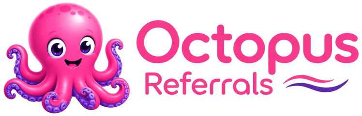 Octopus Referrals logo with pink Octo character